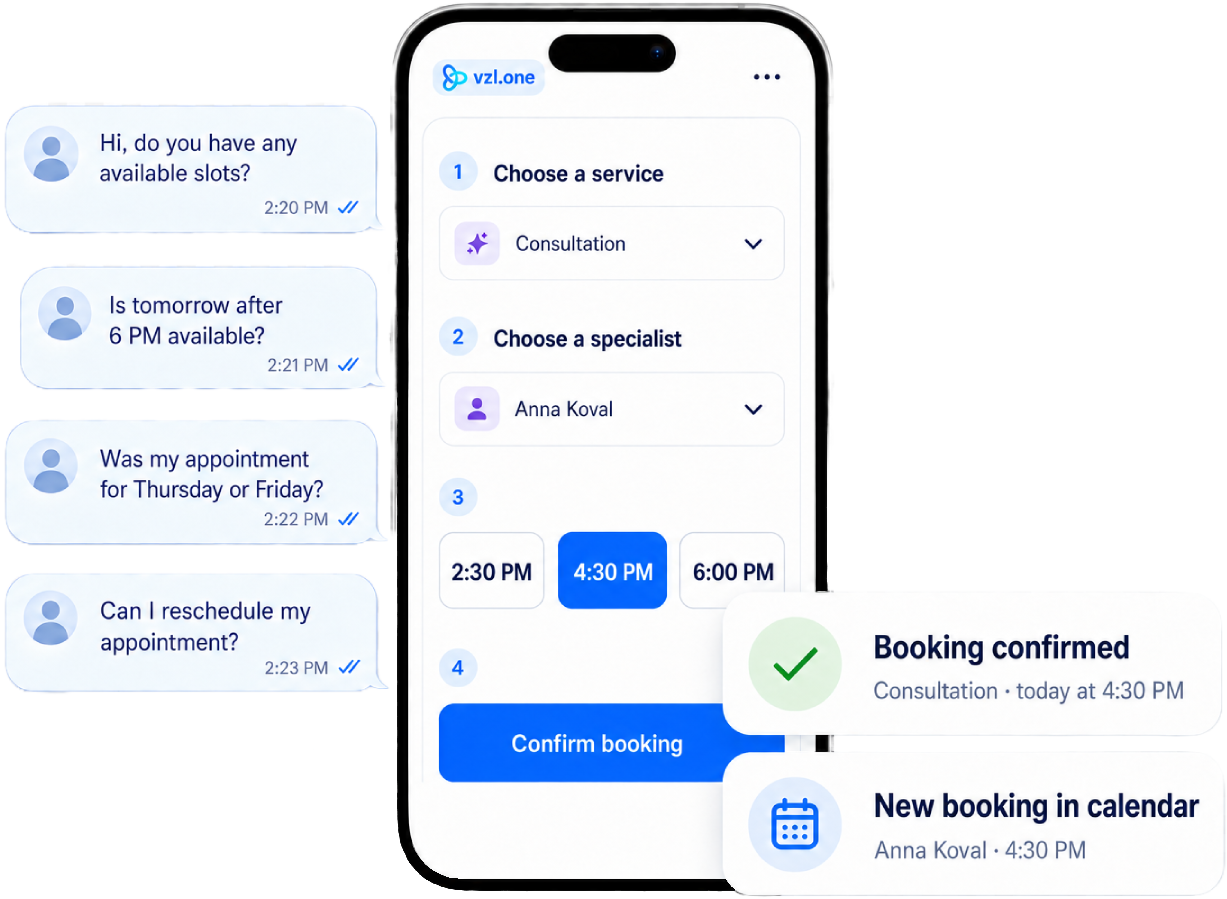 Vuzol online booking: a client chooses a service, specialist and time while the business receives a calendar confirmation